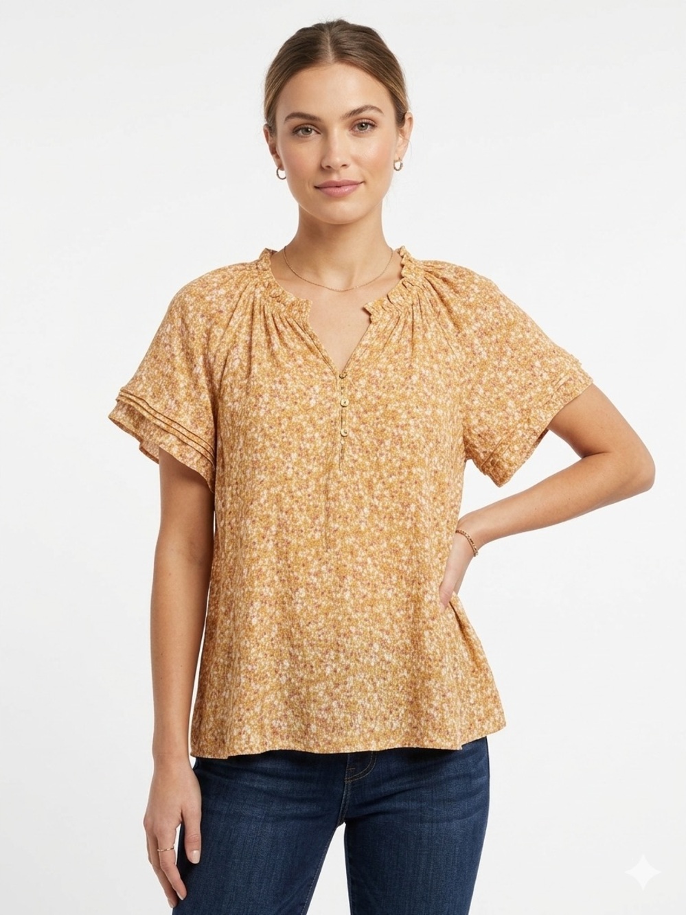 Wonderly NWOT Floral Ruffle V-Neck Blouse Short Sleeve Boho Peasant Cottony